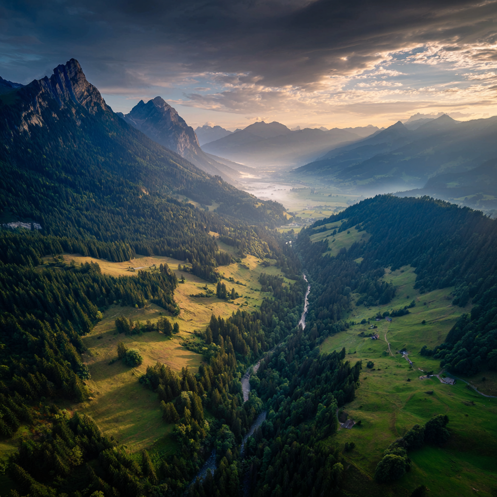 Breathtaking aerial view of a misty mountain valley at dawn