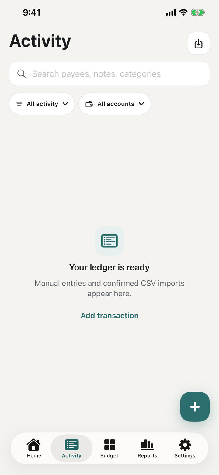 FortBudget activity screen showing recent budget transactions