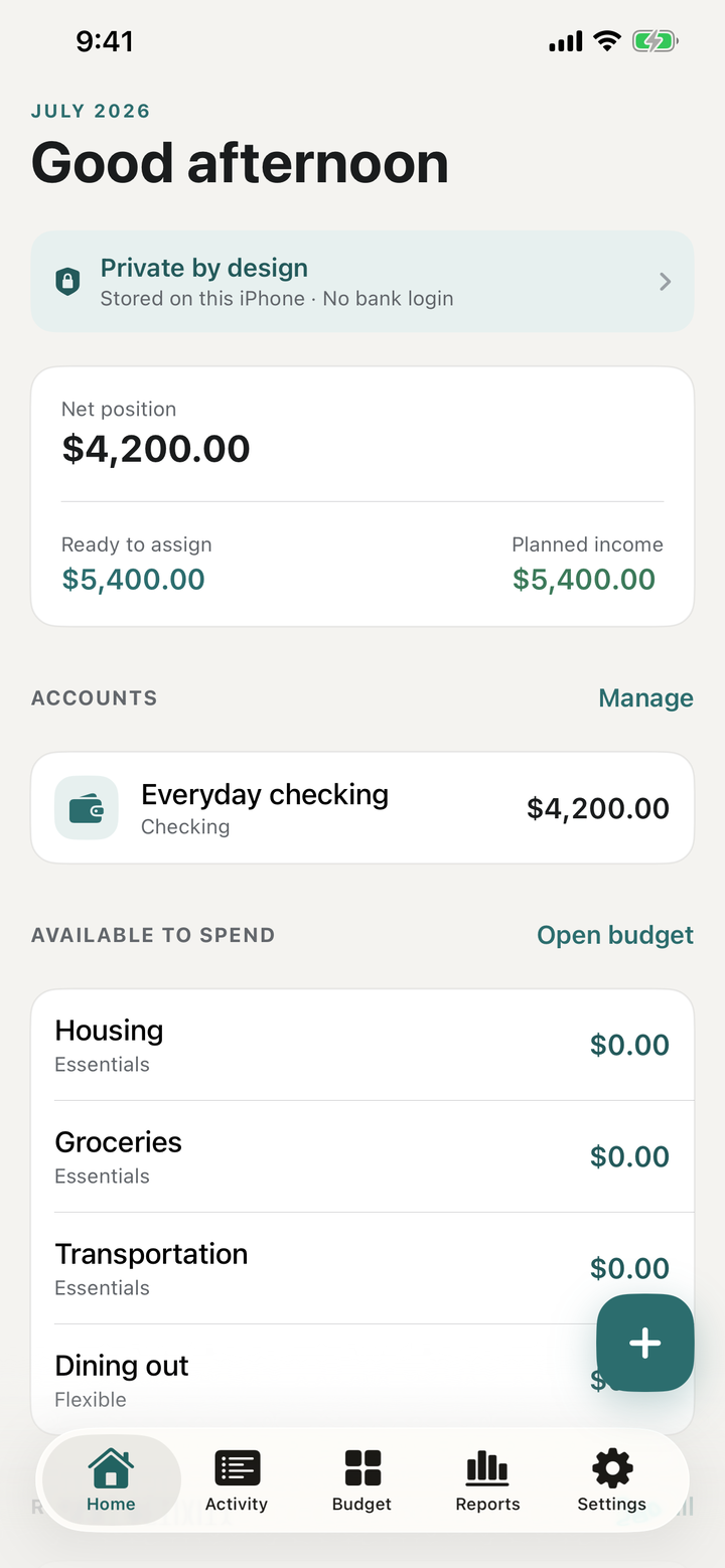 FortBudget home screen showing the current budget overview