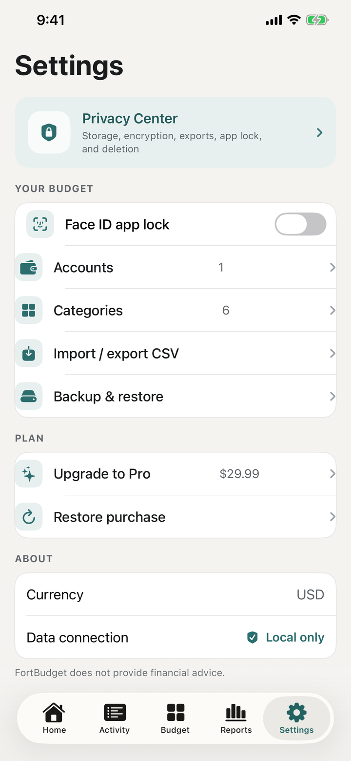 FortBudget settings screen with app preferences and privacy controls