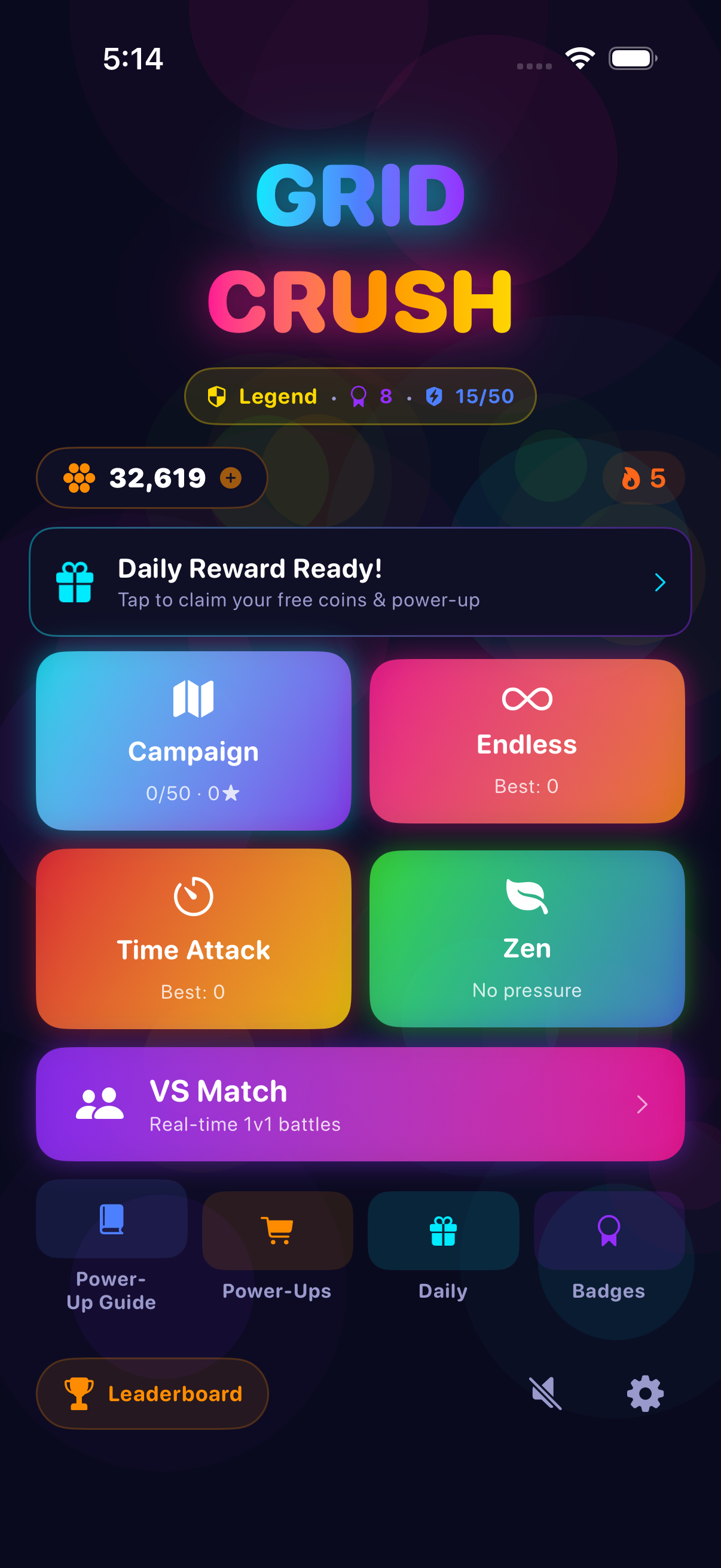 GridCrush game menu with available play modes