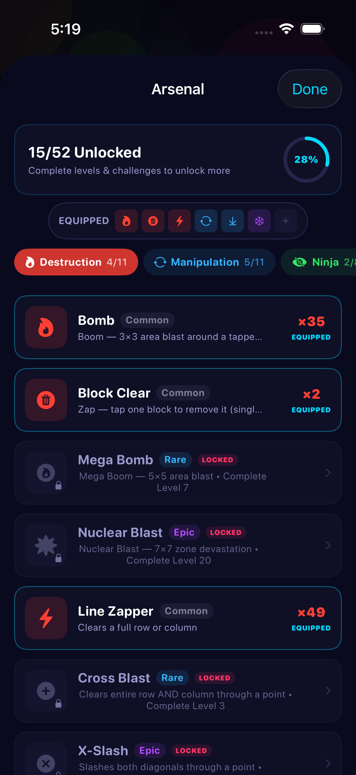 GridCrush power-up inventory and unlock progress