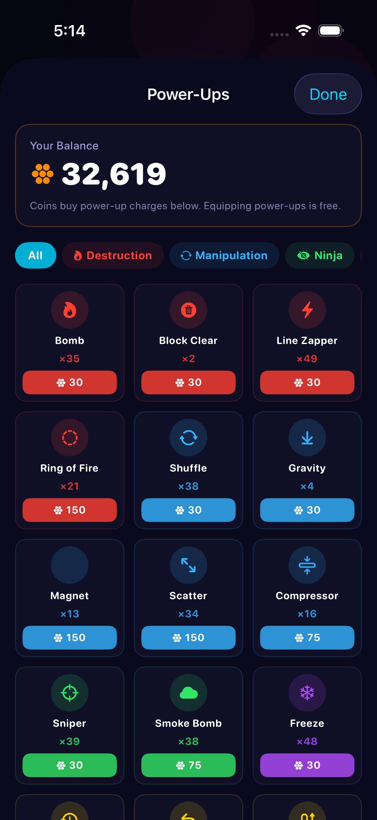 GridCrush optional in-game coin and power-up shop