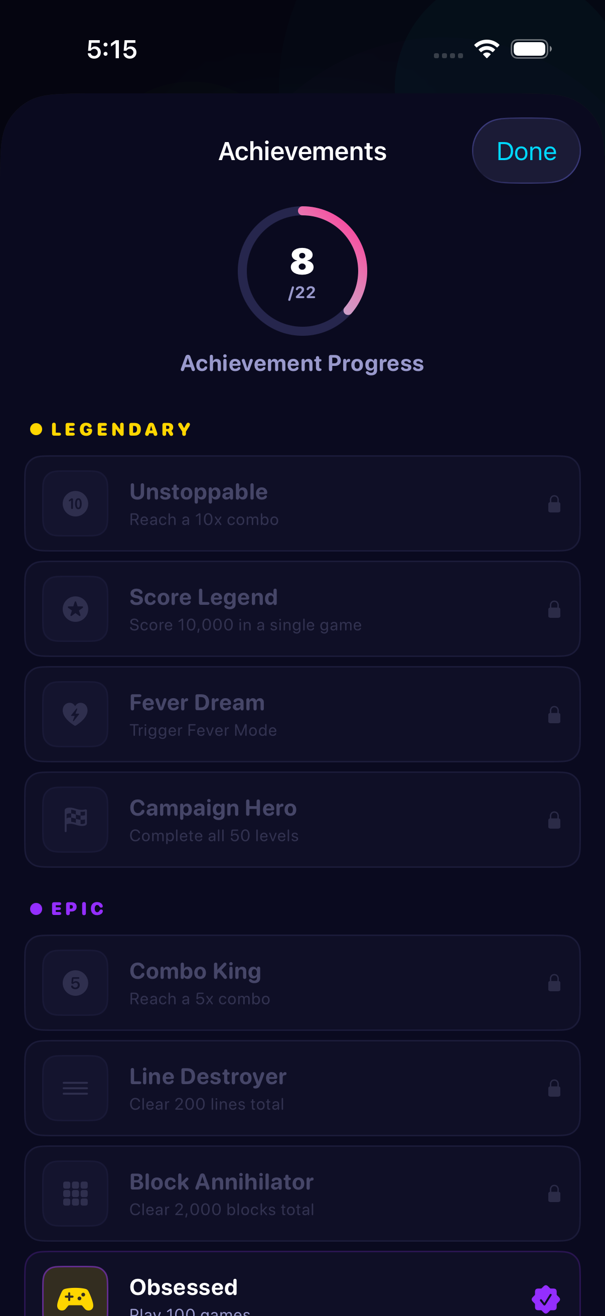 GridCrush achievement and progression view