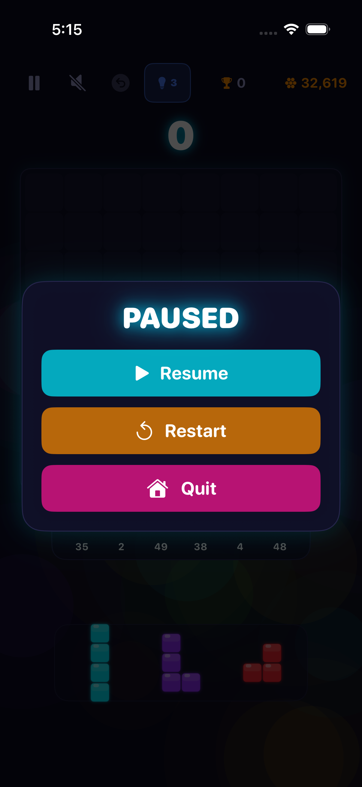 GridCrush paused game and score view