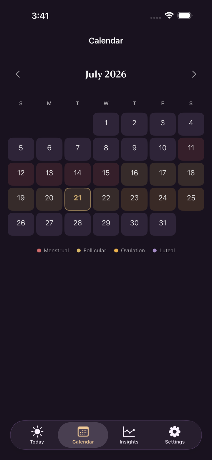 HerPhase calendar screen showing recorded dates and estimated cycle phases