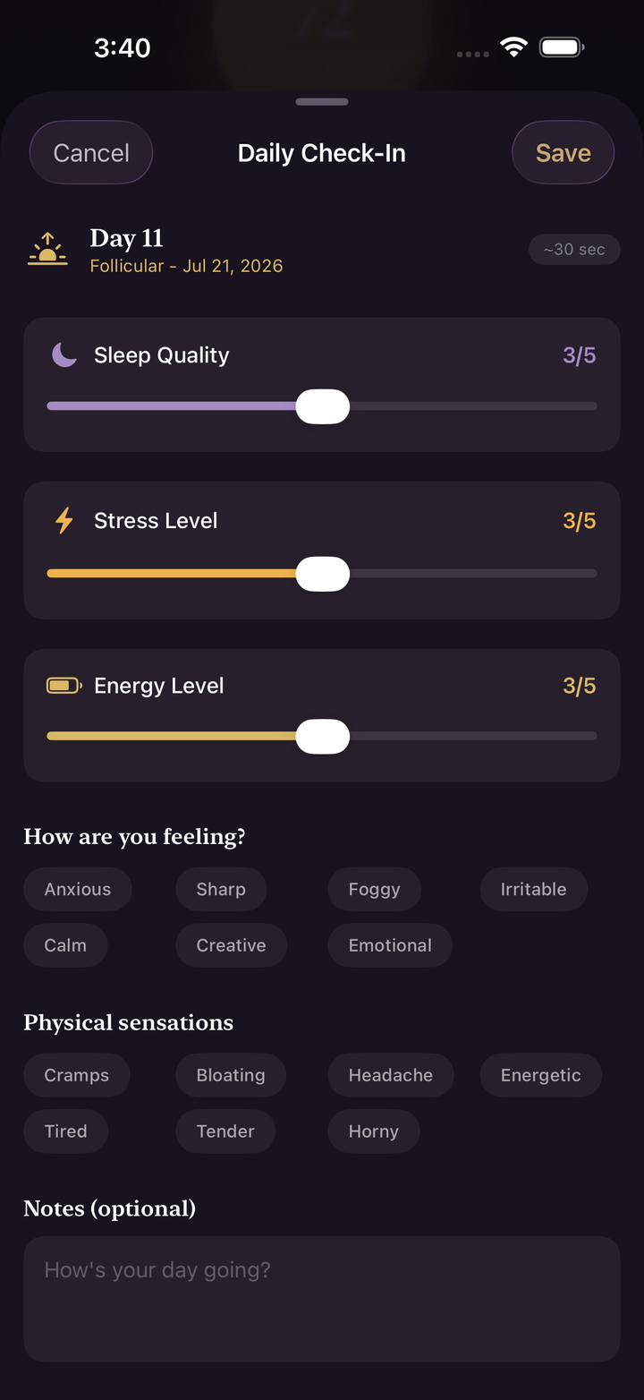 HerPhase daily check-in screen for recording symptoms and observations