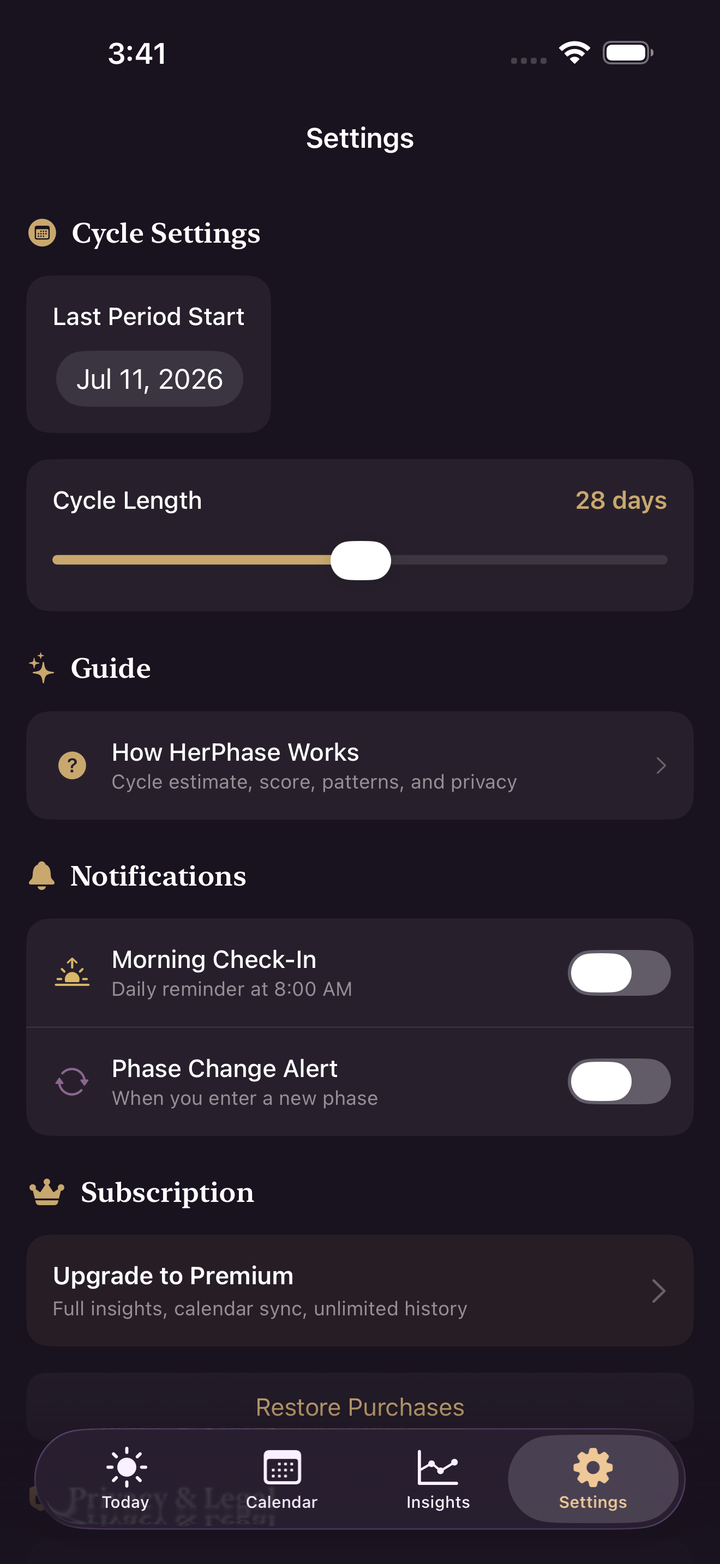 HerPhase settings screen with privacy and app preference controls