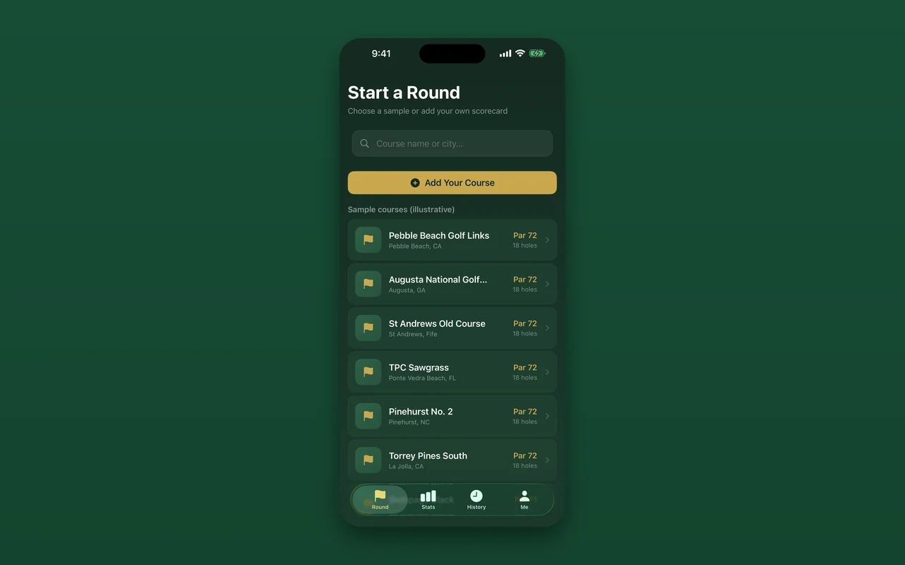 SwingIQ start-round screen with course search and sample scorecards